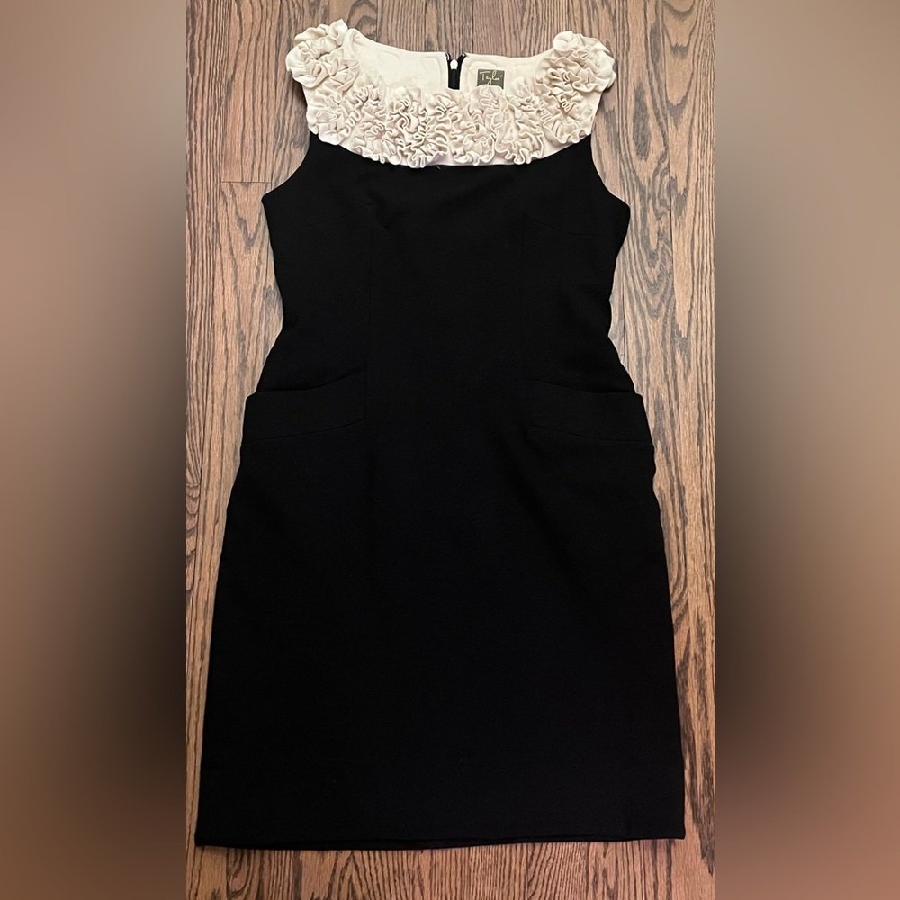 Taylor Black Sheath Dress with Cream Ruffled Collar